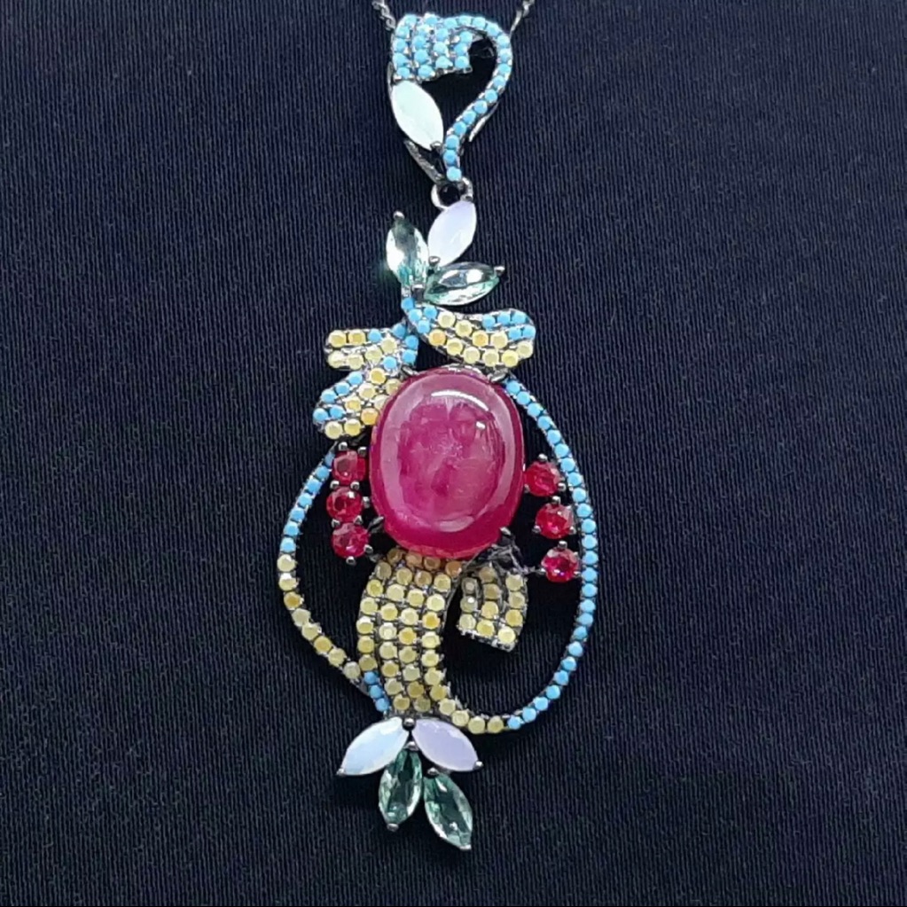 10.10 Ctw Mozambique Ruby & Multi-Color Sapphire Black Rhodium 925 Necklace